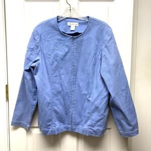 Cotton Jacket Floral Applique Blue Stretch Zip Up Collarless Women's Size L